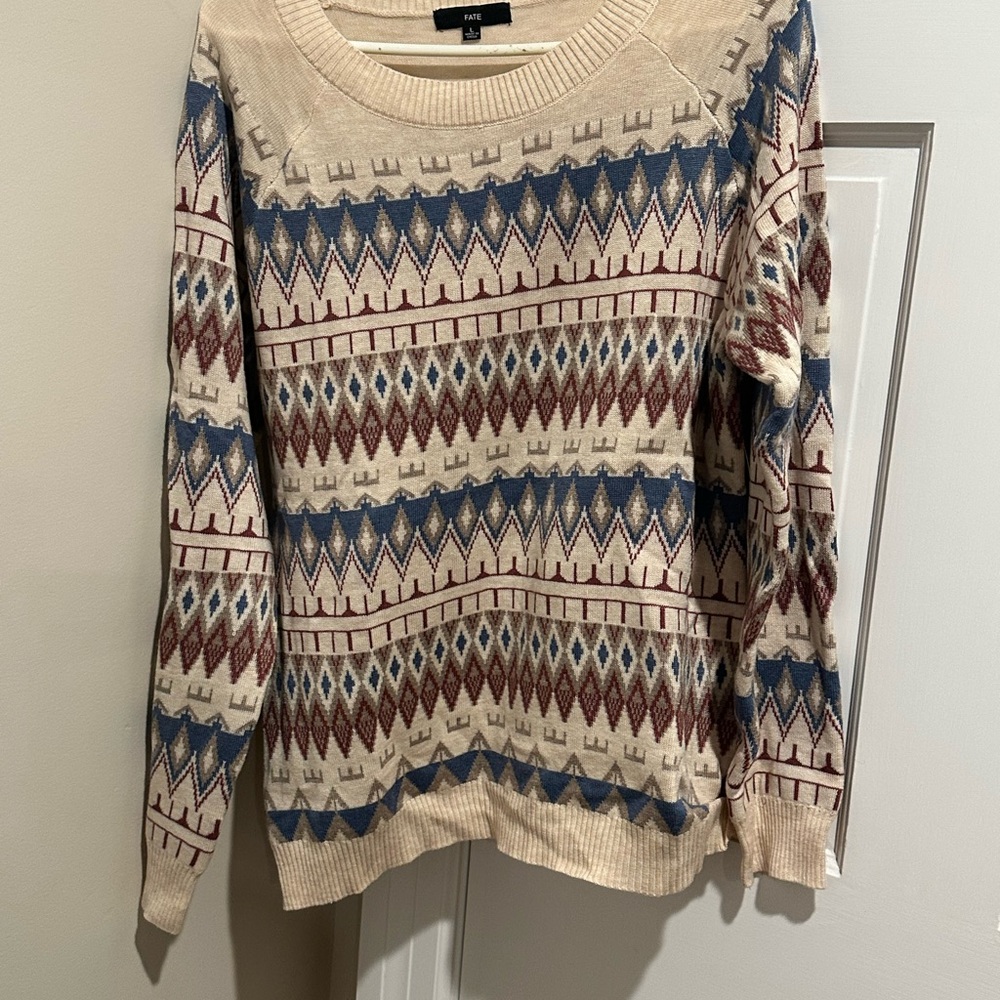 Fate Cream Sweater with Blue and Mauve Pattern NWOT Spring Academia